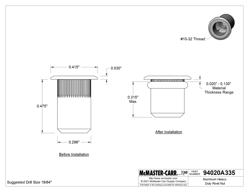 Technical Drawing of Aluminum Rivet Nut, 10-32 Internal Thread, .020"-.130" Material Thickness.